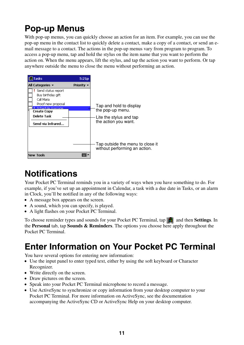 Pop-up menus, Notifications, Enter information on your pocket pc terminal | Casio Pocket PC Terminal User Manual | Page 11 / 67