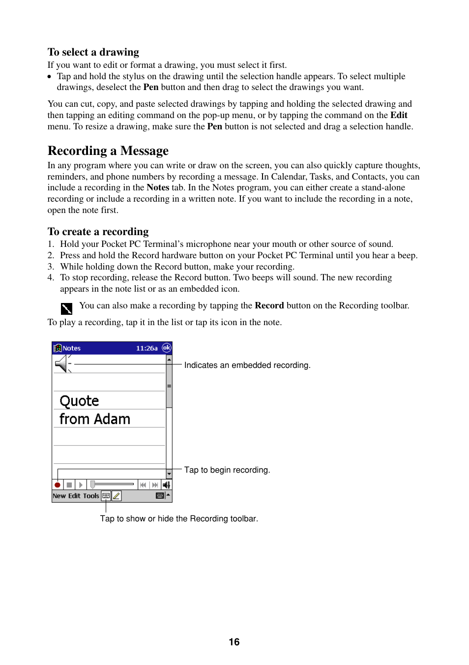 Recording a message | Casio Pocket PC Terminal User Manual | Page 16 / 67