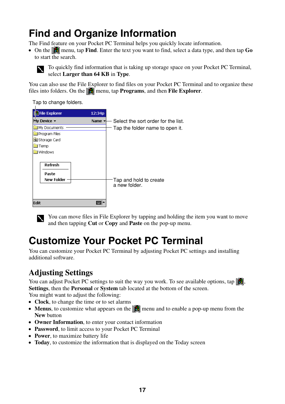 Find and organize information, Customize your pocket pc terminal, Adjusting settings | Casio Pocket PC Terminal User Manual | Page 17 / 67