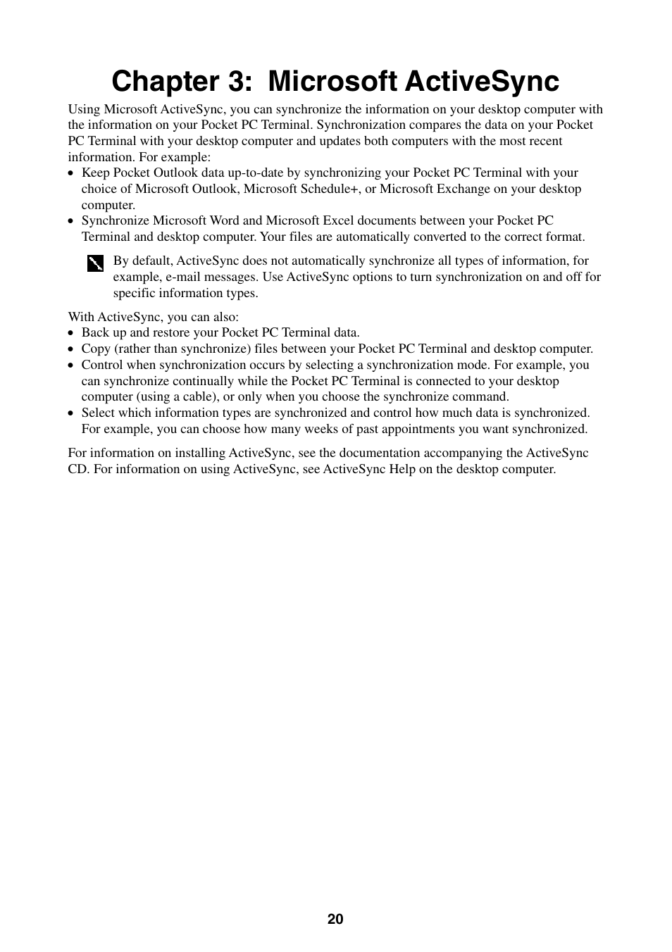 Chapter 3: microsoft activesync, Esync, Chapter 3 | Casio Pocket PC Terminal User Manual | Page 20 / 67