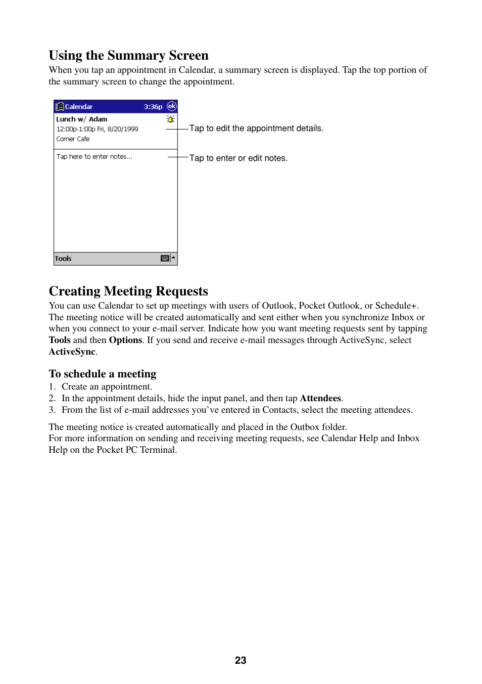 Using the summary screen creating meeting requests, Using the summary screen, Creating meeting requests | Casio Pocket PC Terminal User Manual | Page 23 / 67