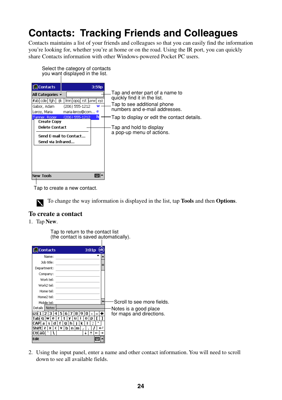 Contacts: tracking friends and colleagues | Casio Pocket PC Terminal User Manual | Page 24 / 67