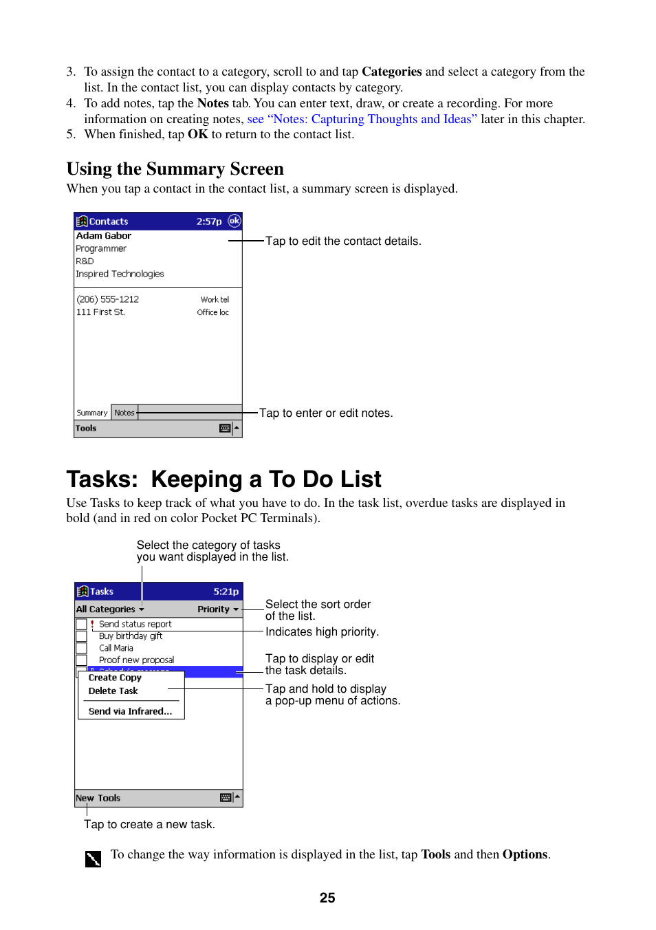 Tasks: keeping a to do list, Using the summary screen | Casio Pocket PC Terminal User Manual | Page 25 / 67
