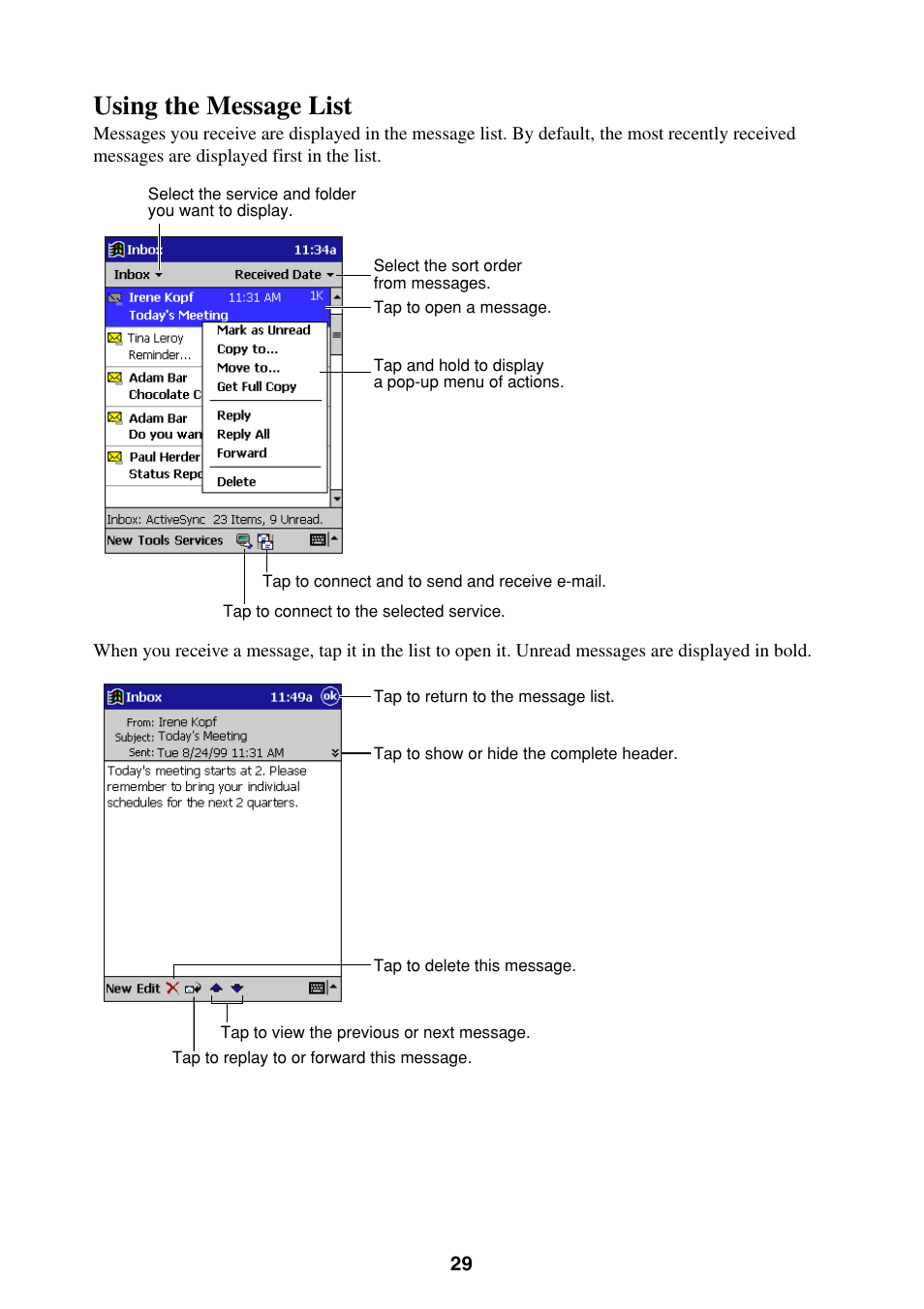 Using the message list | Casio Pocket PC Terminal User Manual | Page 29 / 67