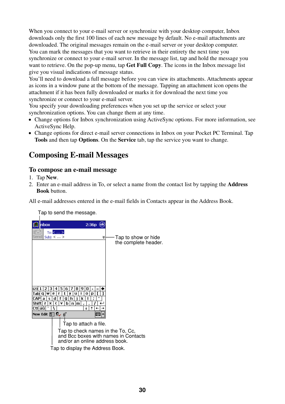 Composing e-mail messages | Casio Pocket PC Terminal User Manual | Page 30 / 67