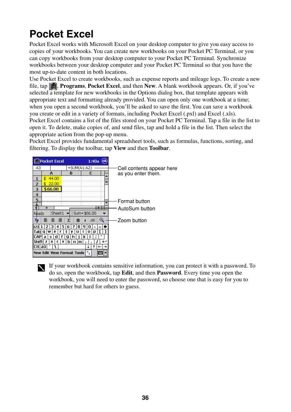 Pocket excel | Casio Pocket PC Terminal User Manual | Page 36 / 67