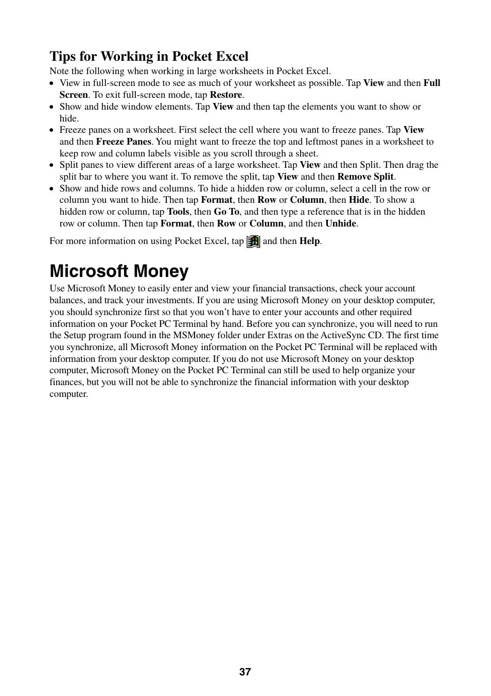 Microsoft money, Tips for working in pocket excel | Casio Pocket PC Terminal User Manual | Page 37 / 67