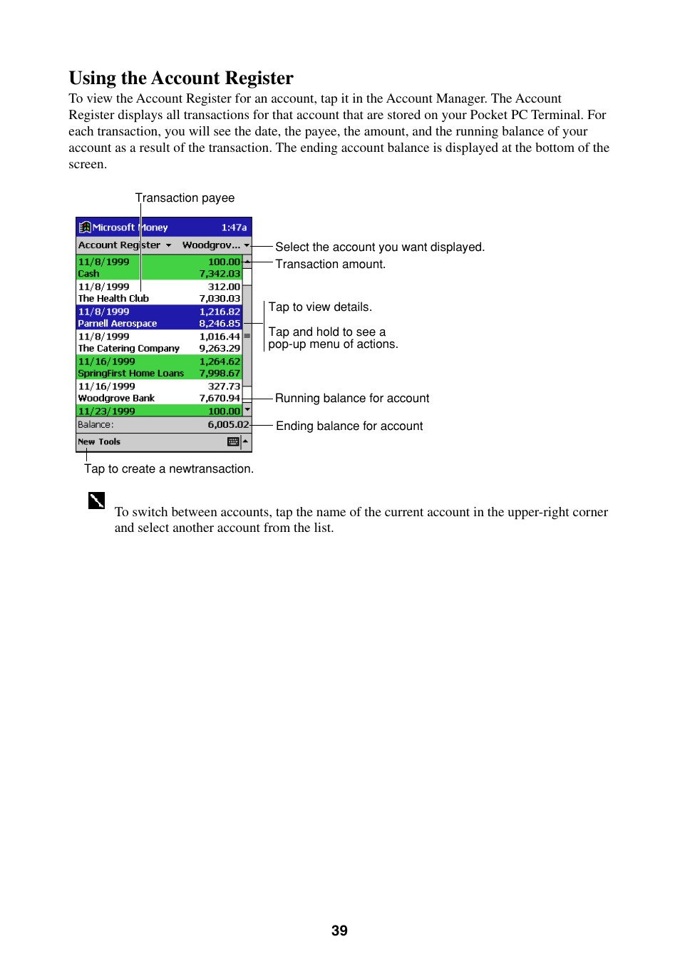 Using the account register | Casio Pocket PC Terminal User Manual | Page 39 / 67