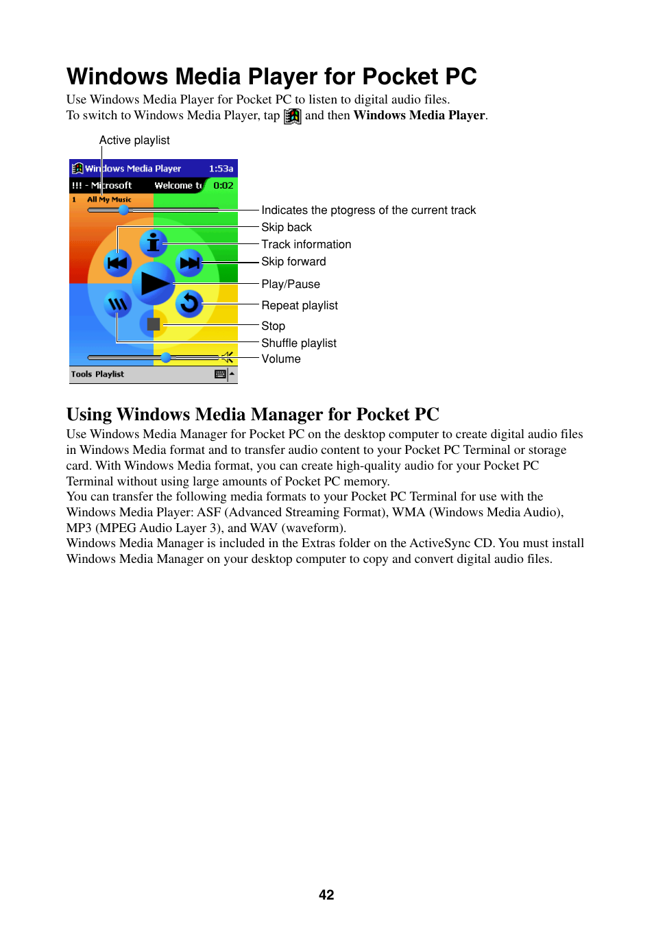 Windows media player for pocket pc, Using windows media manager for pocket pc | Casio Pocket PC Terminal User Manual | Page 42 / 67