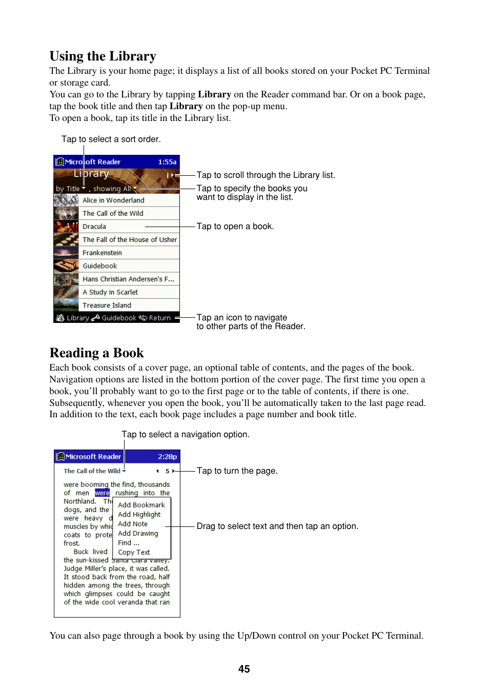 Using the library reading a book, Using the library, Reading a book | Casio Pocket PC Terminal User Manual | Page 45 / 67