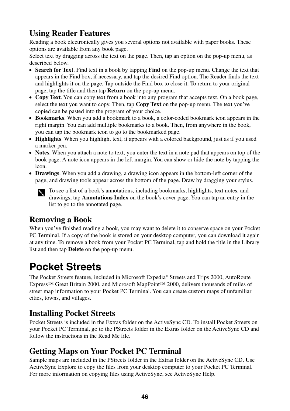 Pocket streets, Using reader features removing a book, Using reader features | Removing a book, Installing pocket streets, Getting maps on your pocket pc terminal | Casio Pocket PC Terminal User Manual | Page 46 / 67