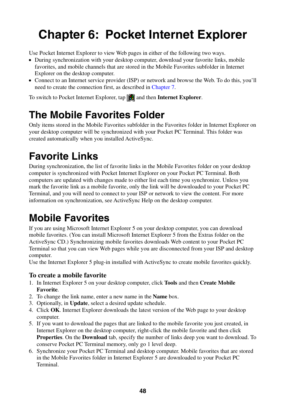 Chapter 6: pocket internet explorer, The mobile favorites folder, Favorite links | Mobile favorites, See chapter 6 | Casio Pocket PC Terminal User Manual | Page 48 / 67