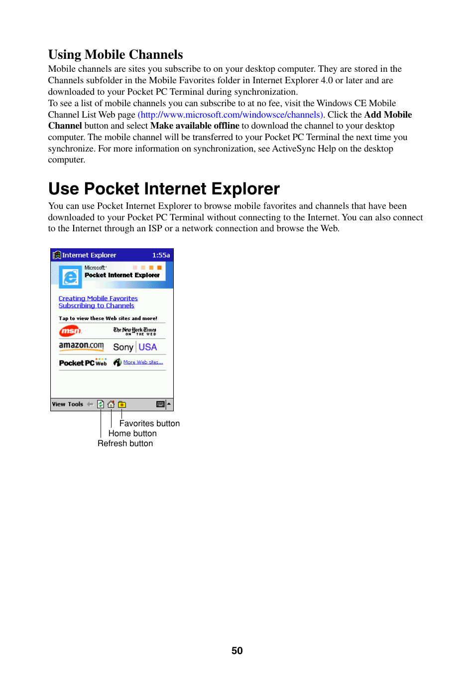 Use pocket internet explorer, Using mobile channels | Casio Pocket PC Terminal User Manual | Page 50 / 67