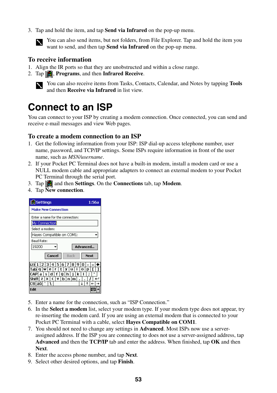 Connect to an isp, See “connect to an isp | Casio Pocket PC Terminal User Manual | Page 53 / 67