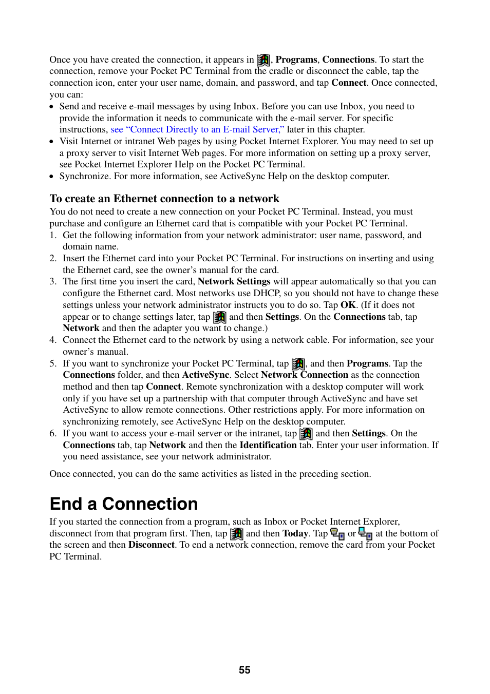 End a connection, See “to create an ethernet connection to a network | Casio Pocket PC Terminal User Manual | Page 55 / 67