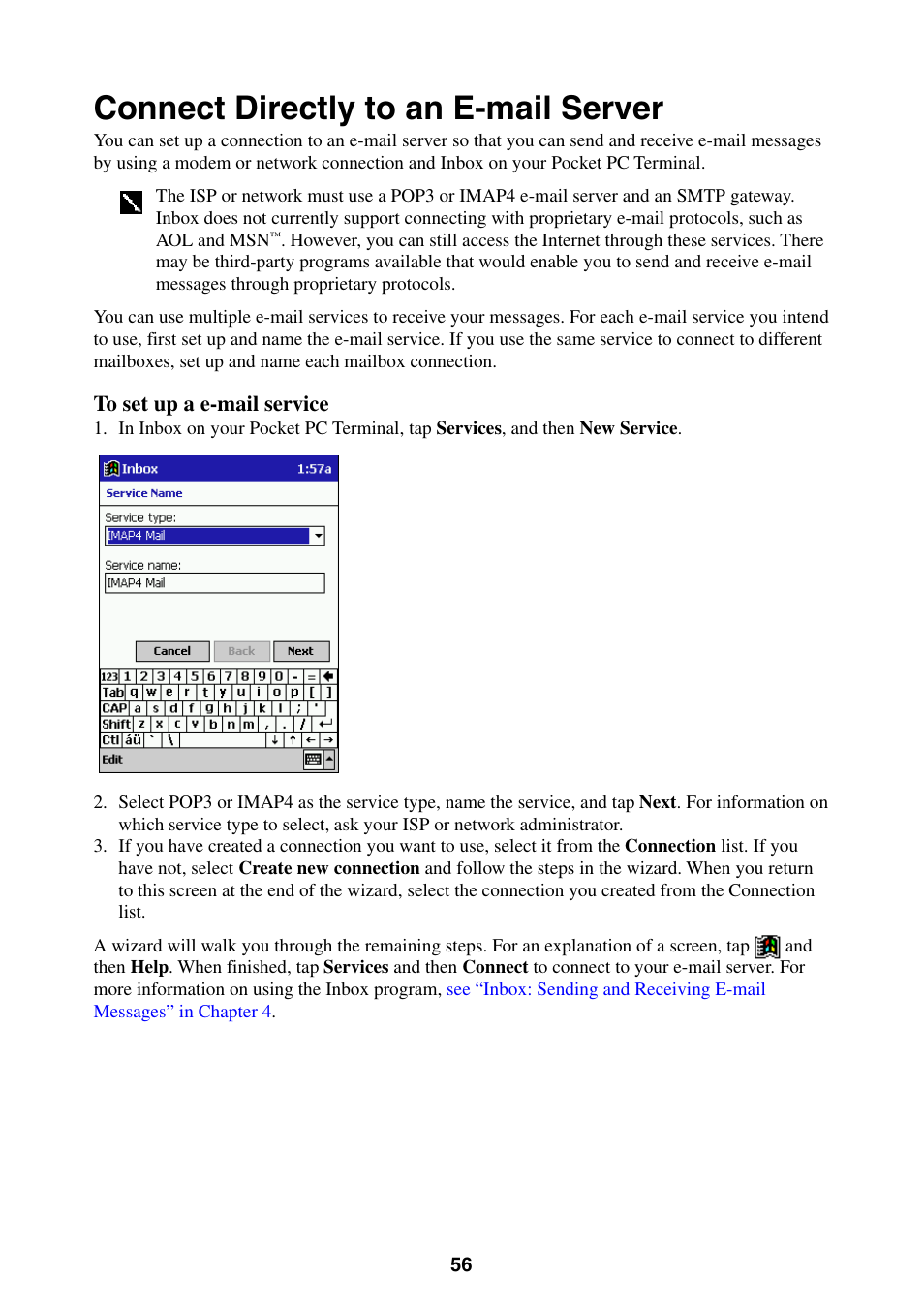 Connect directly to an e-mail server, See “connect directly to an e-mail server | Casio Pocket PC Terminal User Manual | Page 56 / 67