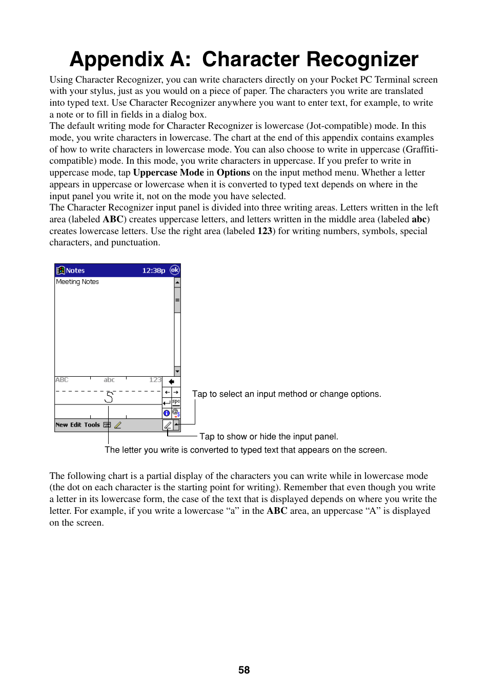 Appendix a: character recognizer | Casio Pocket PC Terminal User Manual | Page 58 / 67