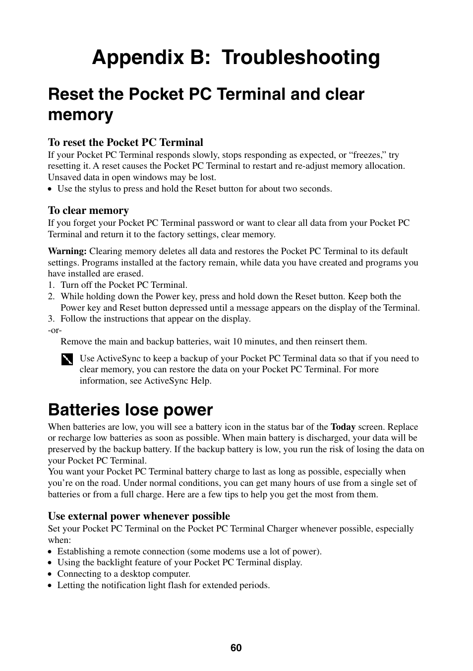Appendix b: troubleshooting, Reset the pocket pc terminal and clear memory, Batteries lose power | Casio Pocket PC Terminal User Manual | Page 60 / 67