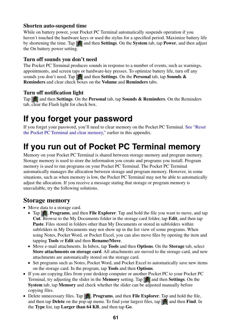 If you forget your password, If you run out of pocket pc terminal memory, Storage memory | Casio Pocket PC Terminal User Manual | Page 61 / 67