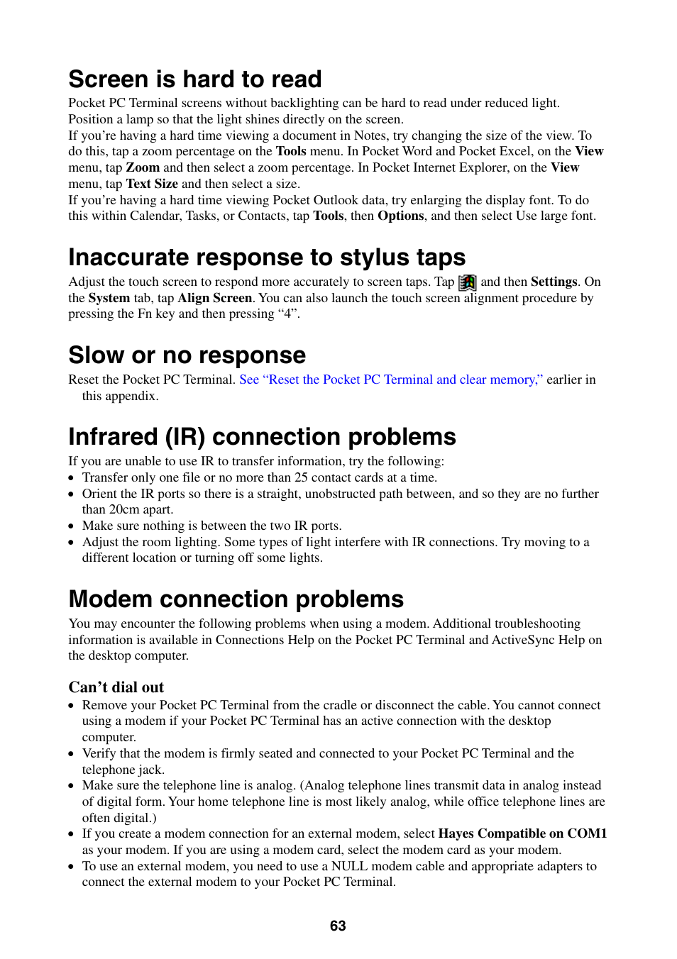 Screen is hard to read, Inaccurate response to stylus taps, Slow or no response | Infrared (ir) connection problems, Modem connection problems | Casio Pocket PC Terminal User Manual | Page 63 / 67