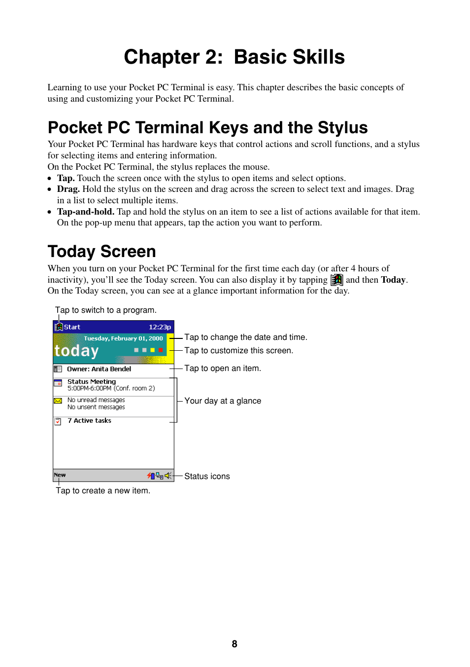 Chapter 2: basic skills, Pocket pc terminal keys and the stylus, Today screen | Casio Pocket PC Terminal User Manual | Page 8 / 67