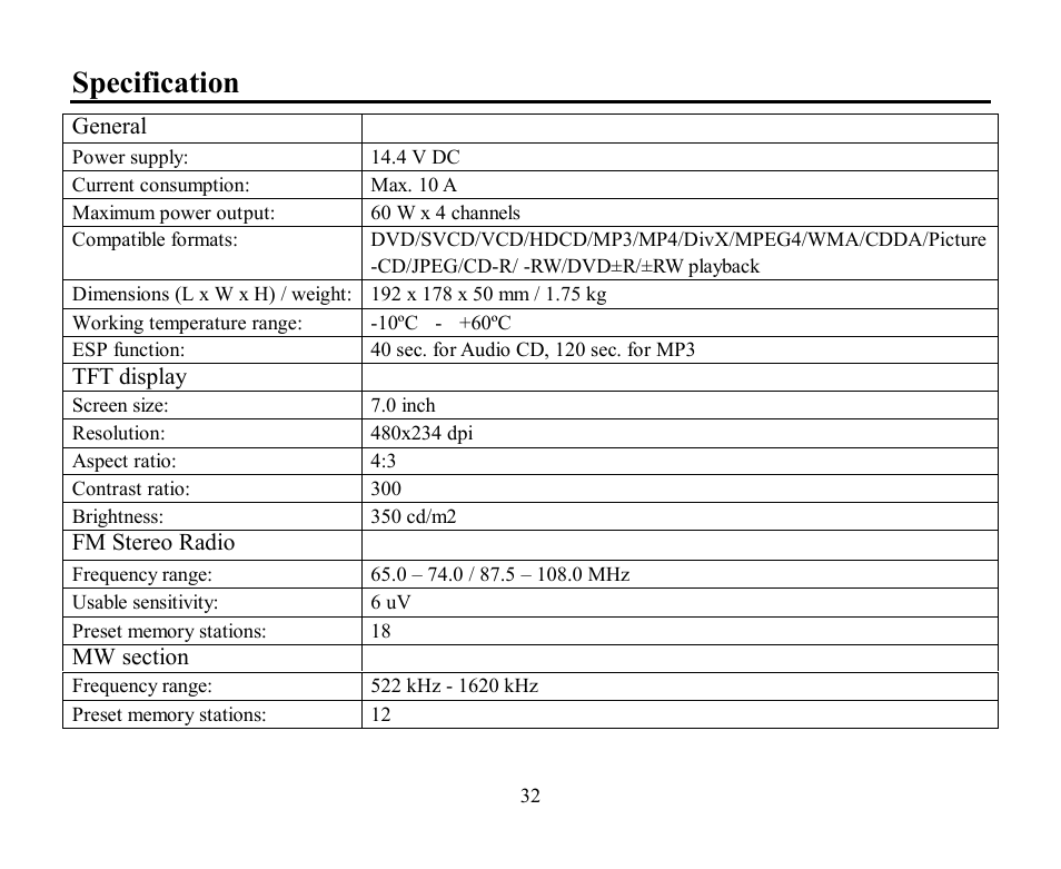 Specification | Hyundai H-CMMD4040 User Manual | Page 32 / 66