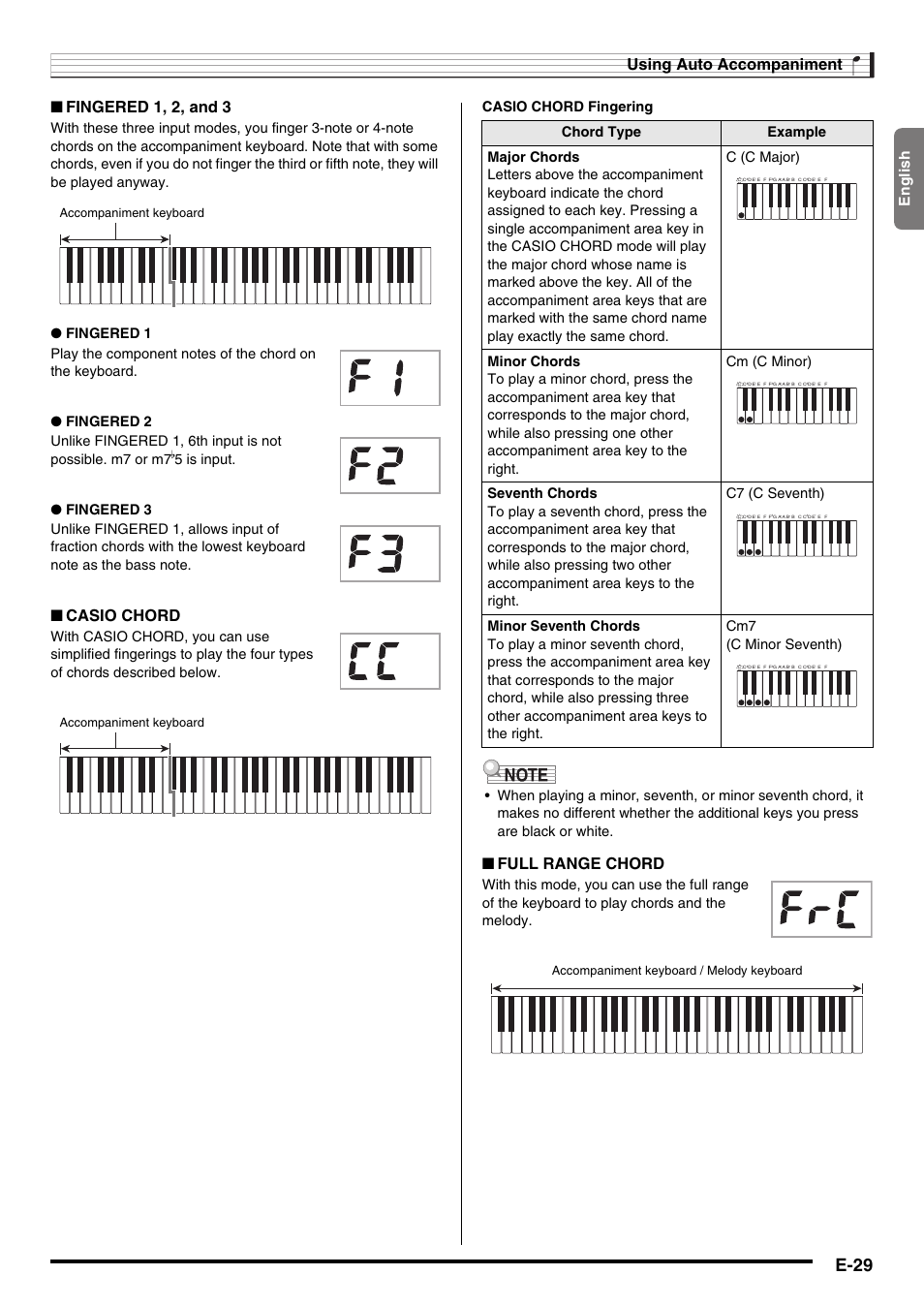 E-29, Using auto accompaniment, Fingered 1, 2, and 3 | Casio chord, Full range chord, English, Accompaniment keyboard, Accompaniment keyboard / melody keyboard | Casio CTK-2000 User Manual | Page 31 / 46