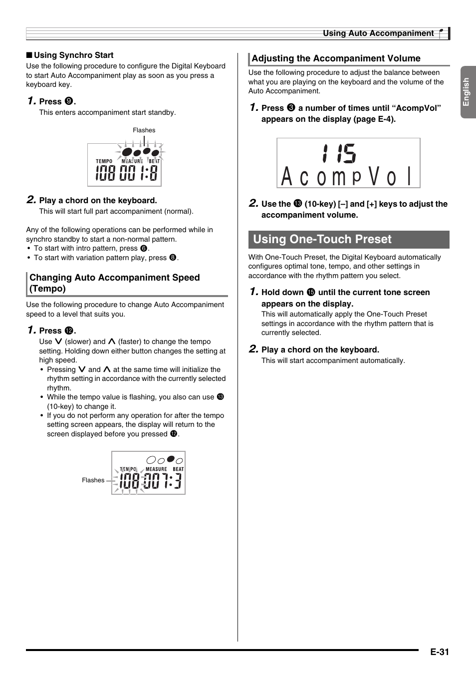 A c o m, V o l, Using one-touch preset | Casio CTK-2000 User Manual | Page 33 / 46