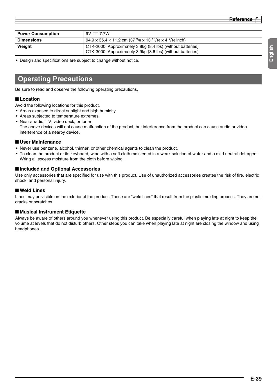 Operating precautions, E-39 | Casio CTK-2000 User Manual | Page 41 / 46