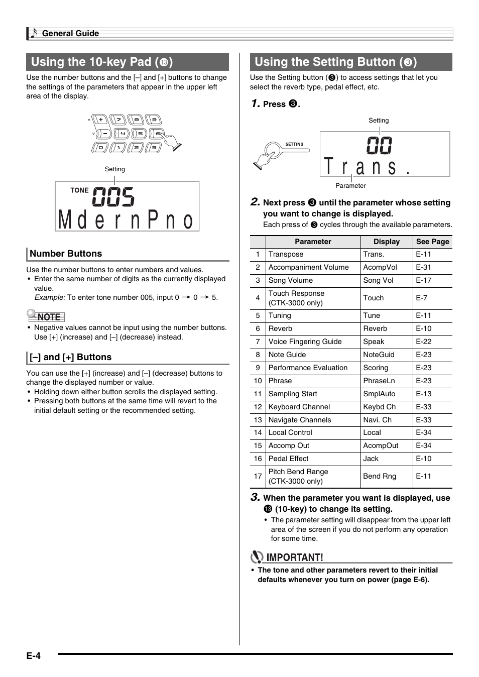 Using the 10-key pad, Using the setting button | Casio CTK-2000 User Manual | Page 6 / 46