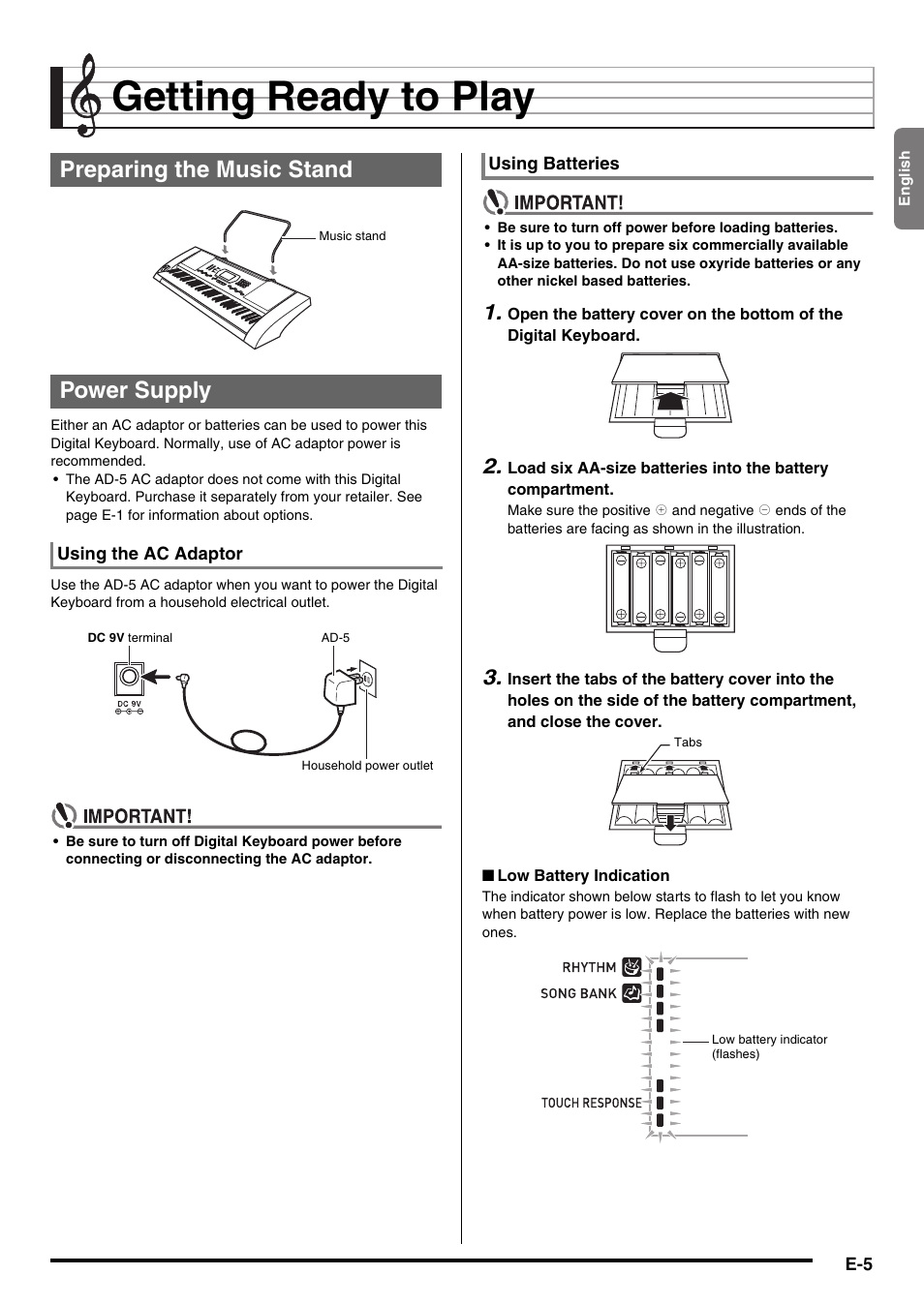 Getting ready to play, Preparing the music stand power supply | Casio CTK-2000 User Manual | Page 7 / 46