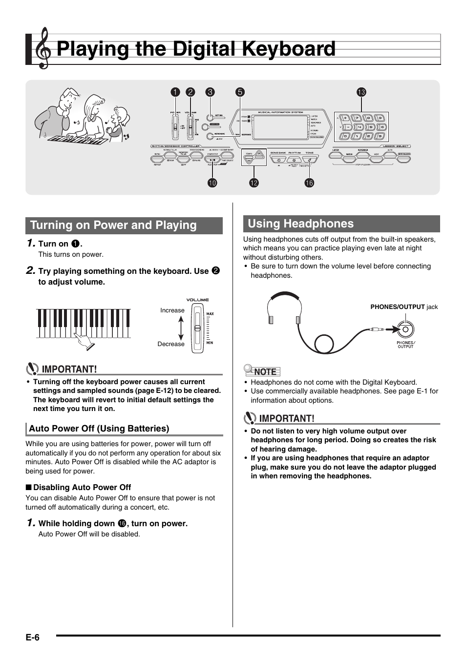 Playing the digital keyboard, Turning on power and playing, Using headphones | Casio CTK-2000 User Manual | Page 8 / 46