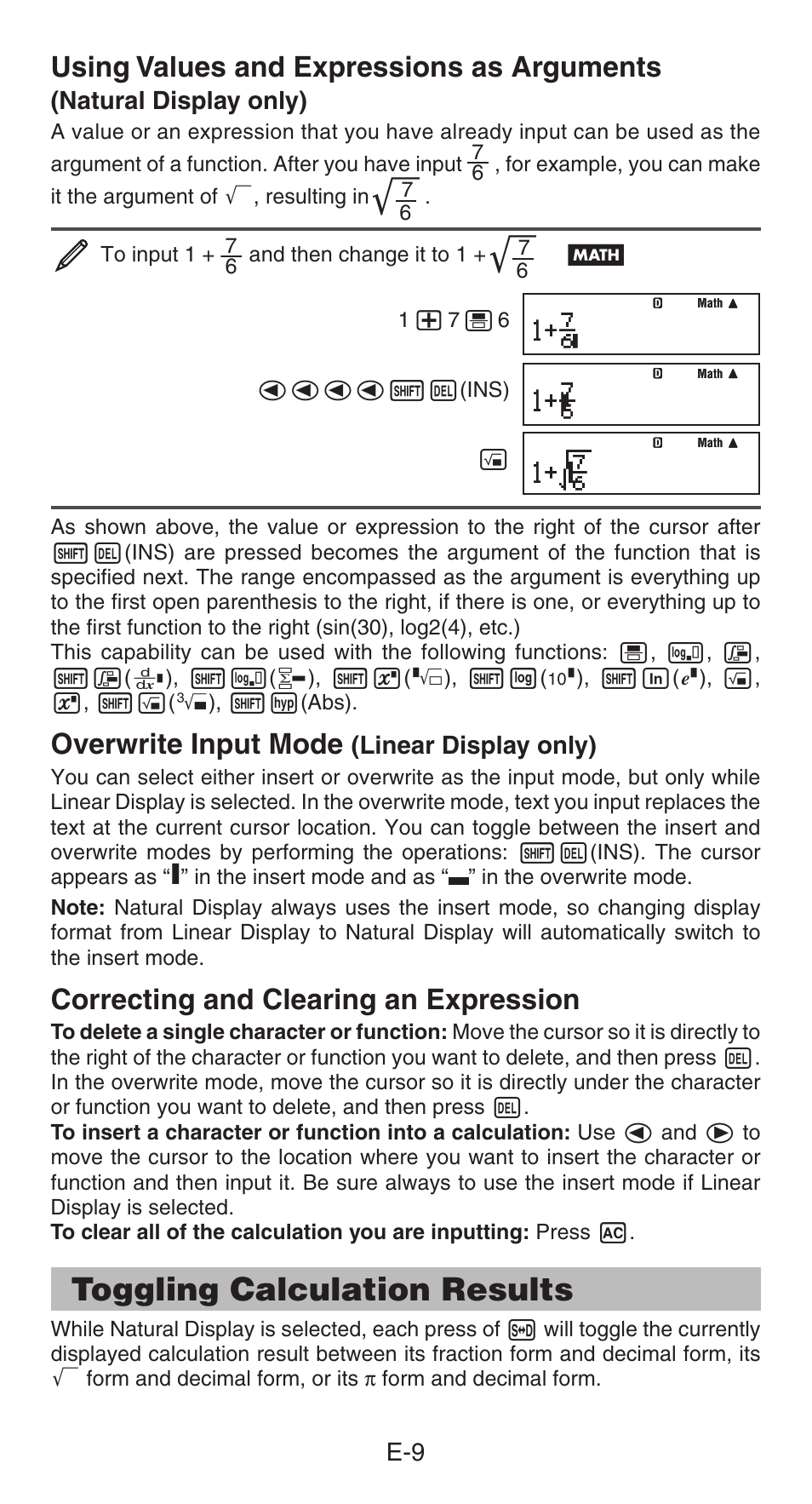 Toggling calculation results, Using values and expressions as arguments, Overwrite input mode | Correcting and clearing an expression | Casio fx-991ES PLUS User Manual | Page 10 / 46