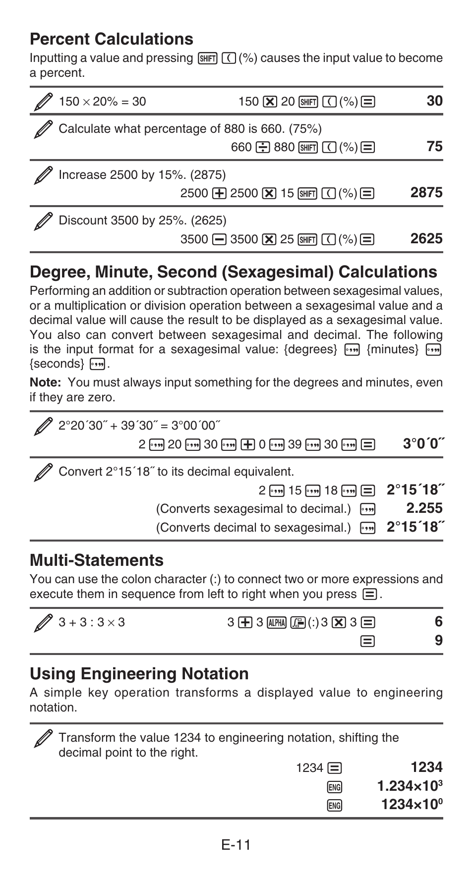 Percent calculations, Degree, minute, second (sexagesimal) calculations, Multi-statements | Using engineering notation | Casio fx-991ES PLUS User Manual | Page 12 / 46