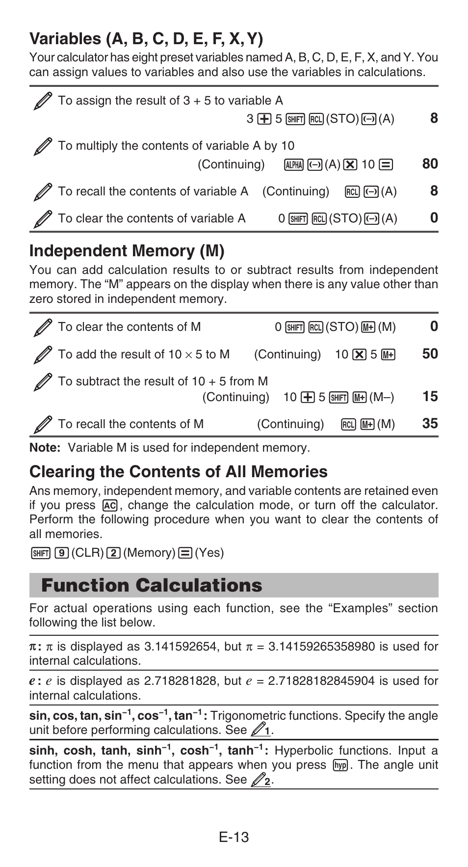 Function calculations, Variables (a, b, c, d, e, f, x, y) | Casio fx-991ES PLUS User Manual | Page 14 / 46