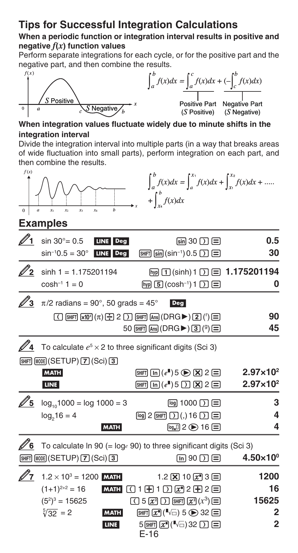 Tips for successful integration calculations, Examples, E-16 | 97ч10 | Casio fx-991ES PLUS User Manual | Page 17 / 46