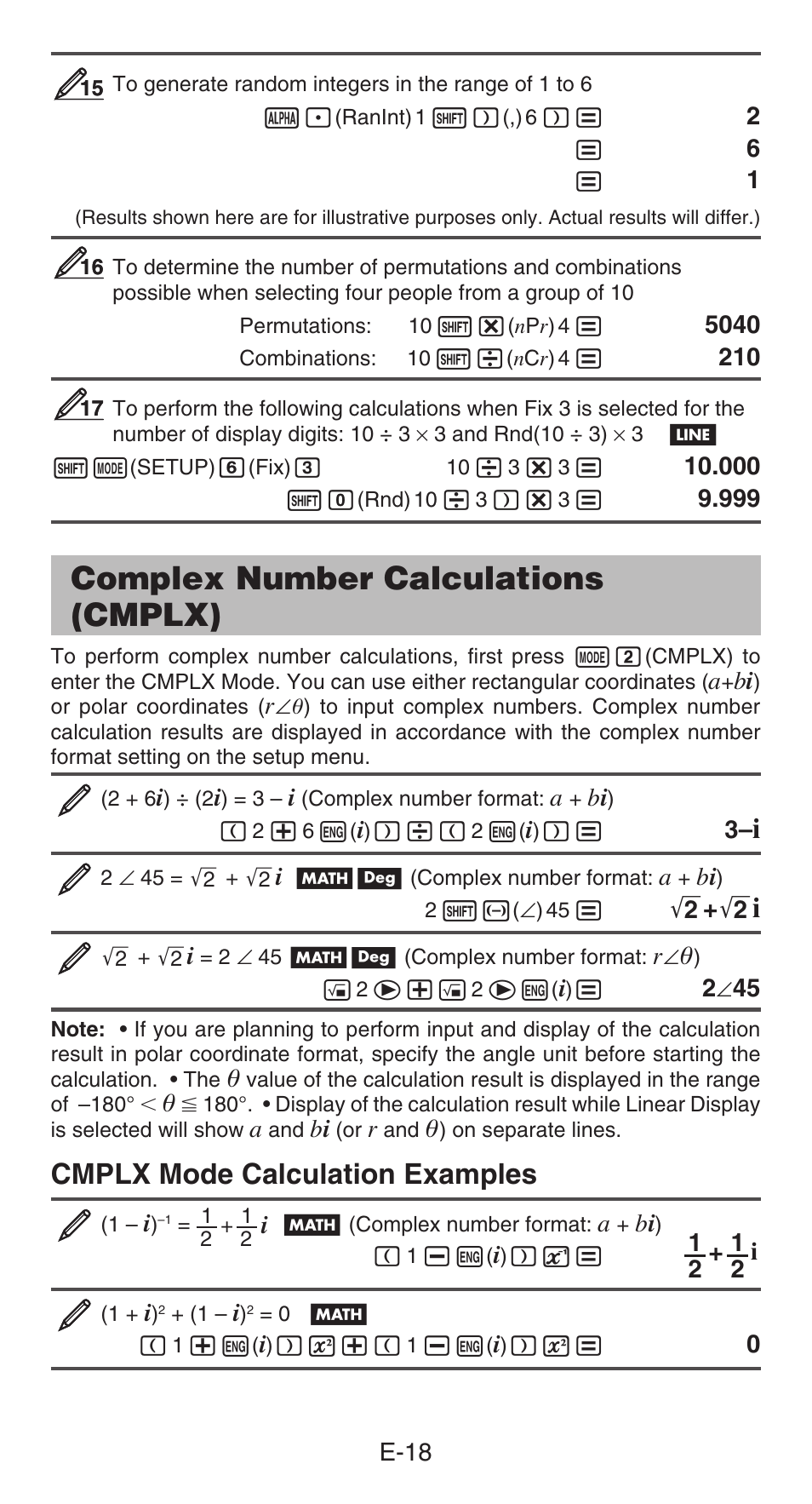 Complex number calculations (cmplx), Cmplx mode calculation examples | Casio fx-991ES PLUS User Manual | Page 19 / 46