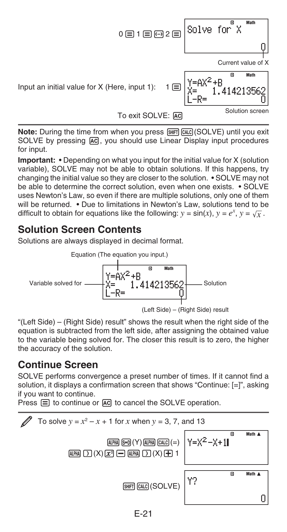 Solution screen contents, Continue screen, E-21 | Casio fx-991ES PLUS User Manual | Page 22 / 46