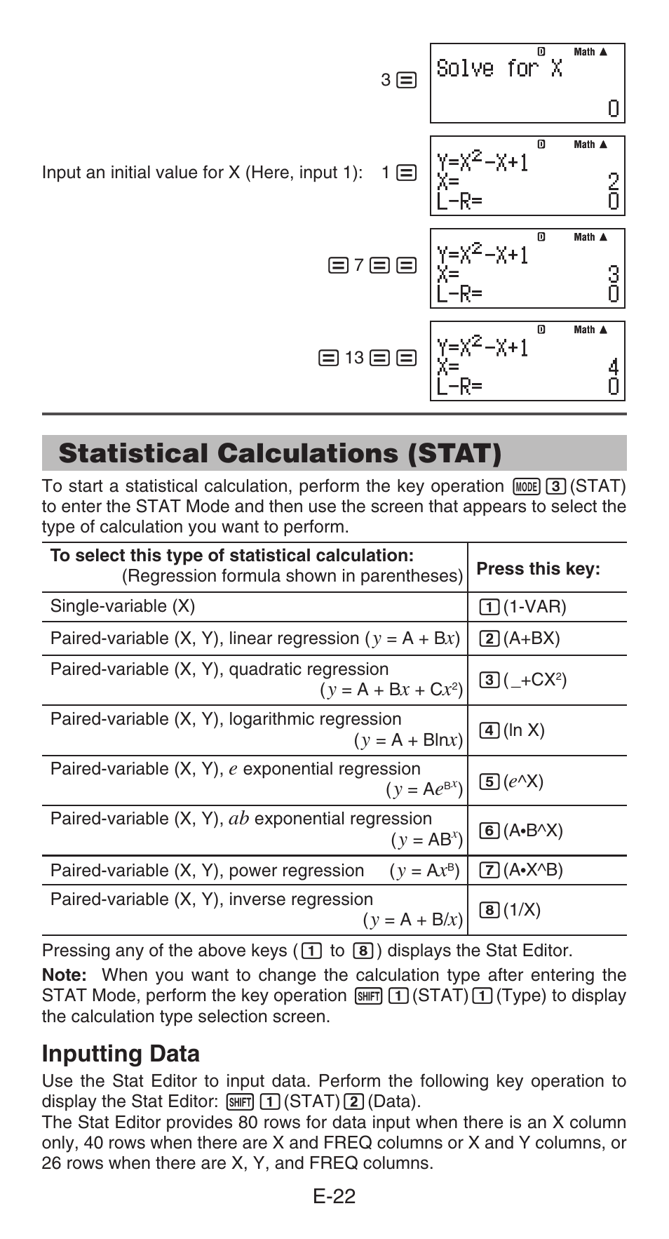 Statistical calculations (stat), Inputting data, E-22 | Casio fx-991ES PLUS User Manual | Page 23 / 46