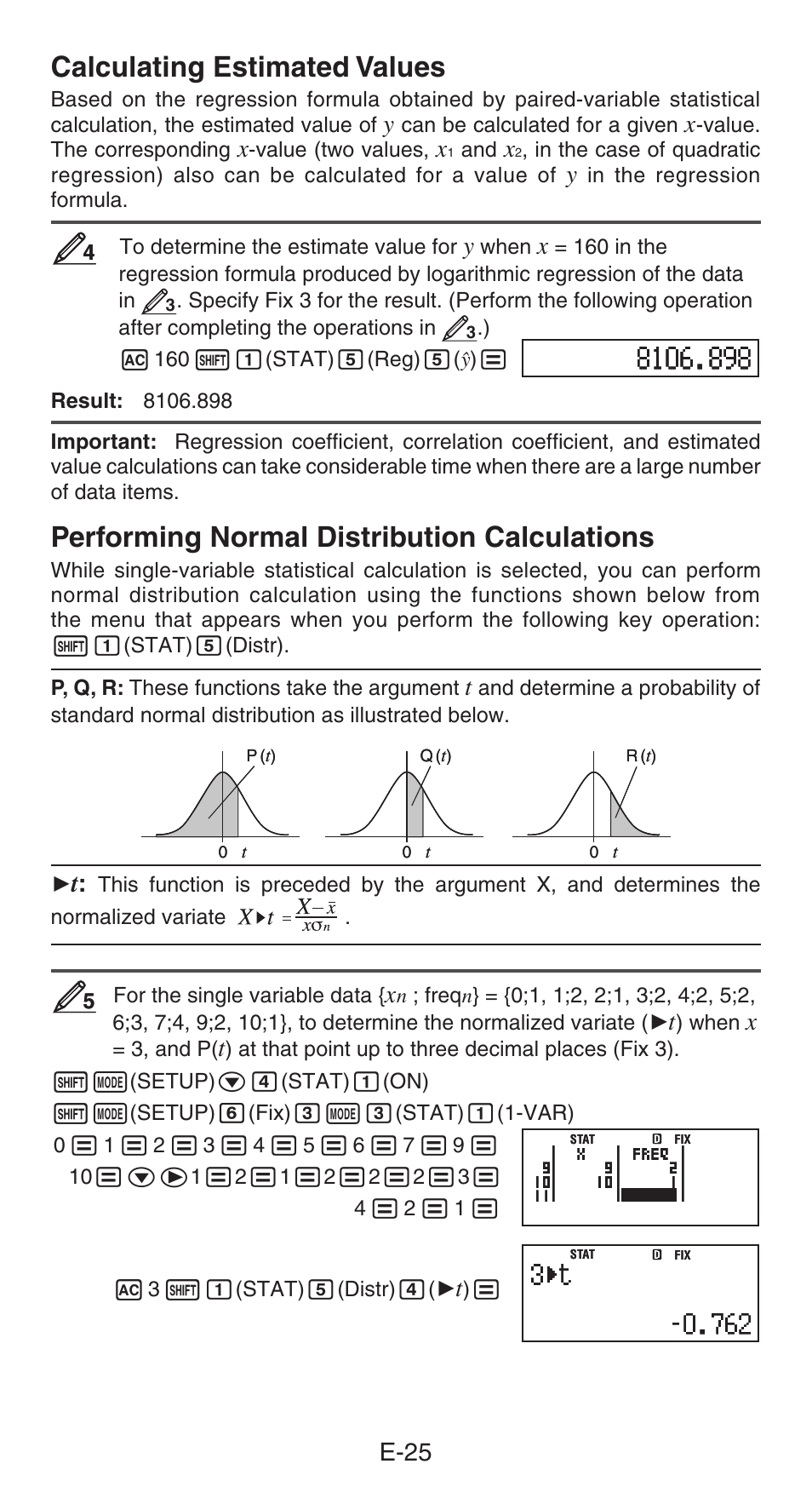 Calculating estimated values, Performing normal distribution calculations, E-25 | Casio fx-991ES PLUS User Manual | Page 26 / 46