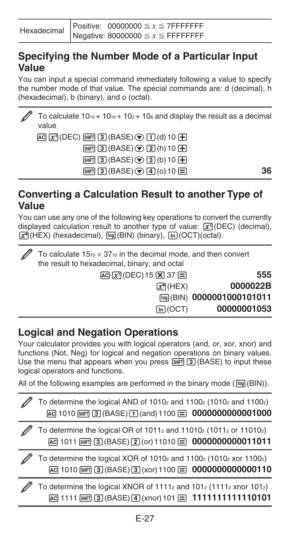 Logical and negation operations, E-27 | Casio fx-991ES PLUS User Manual | Page 28 / 46