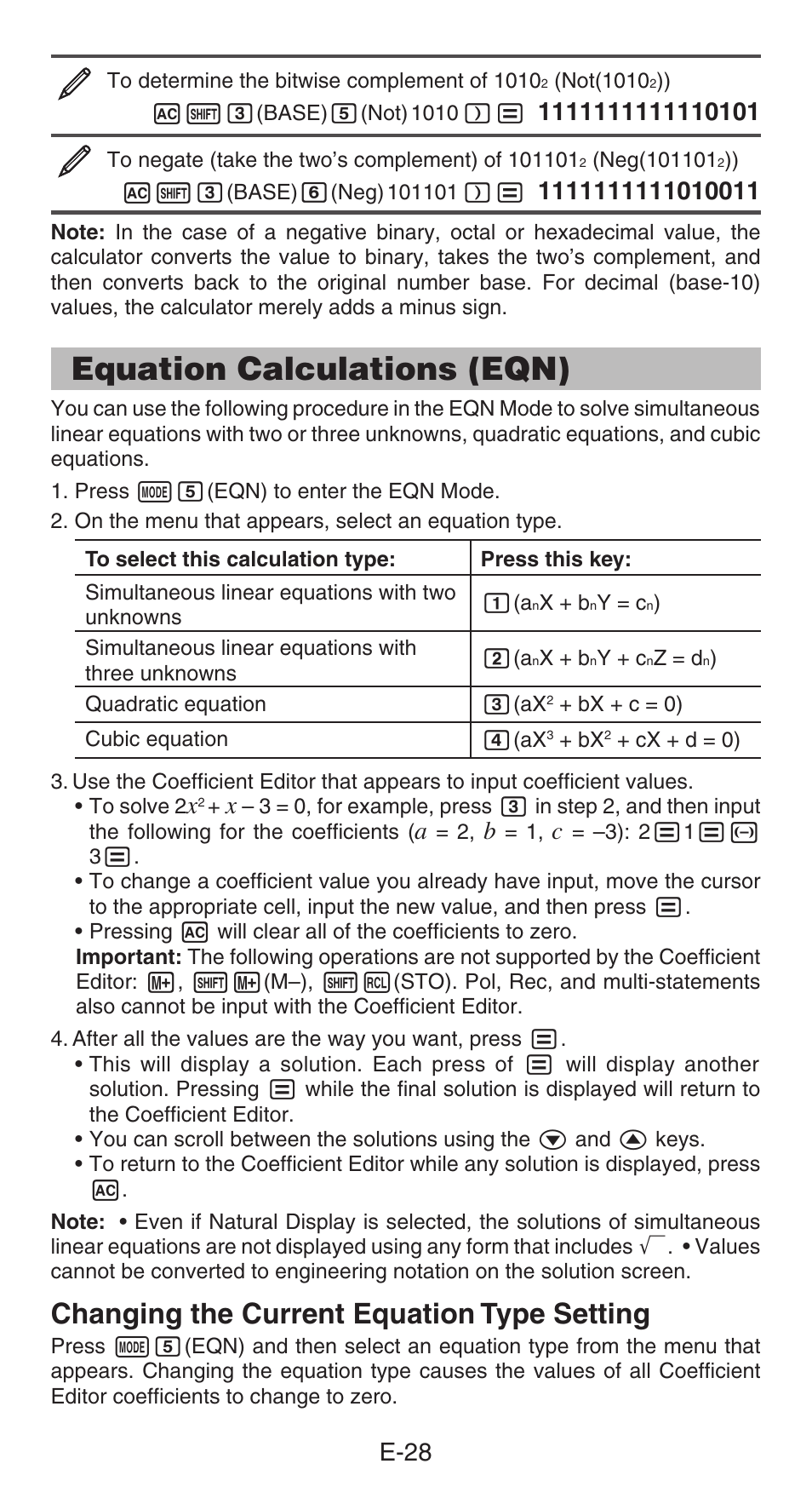 Equation calculations (eqn), Changing the current equation type setting, E-28 | Casio fx-991ES PLUS User Manual | Page 29 / 46