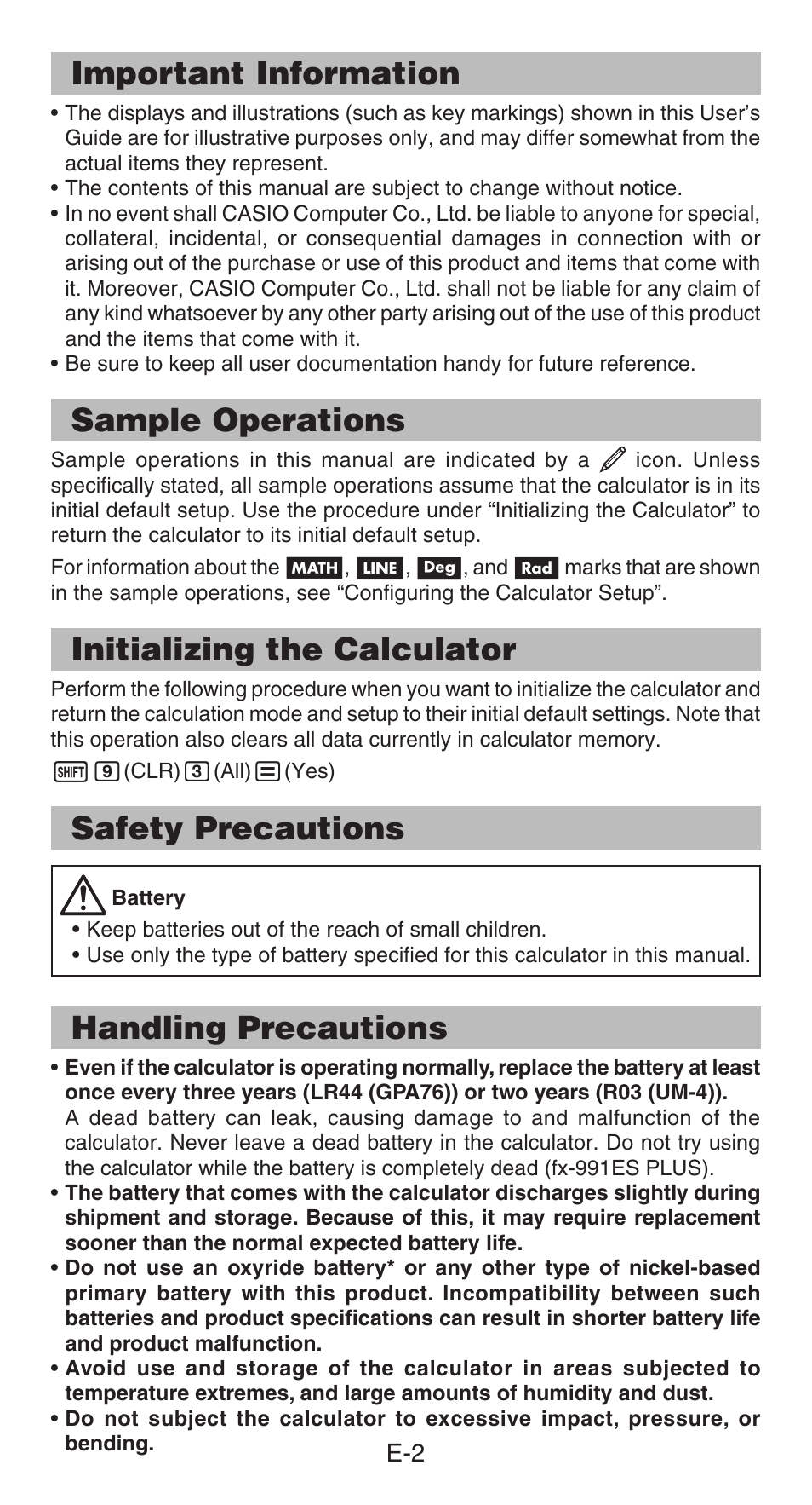 Important information, Sample operations, Initializing the calculator | Safety precautions, Handling precautions | Casio fx-991ES PLUS User Manual | Page 3 / 46