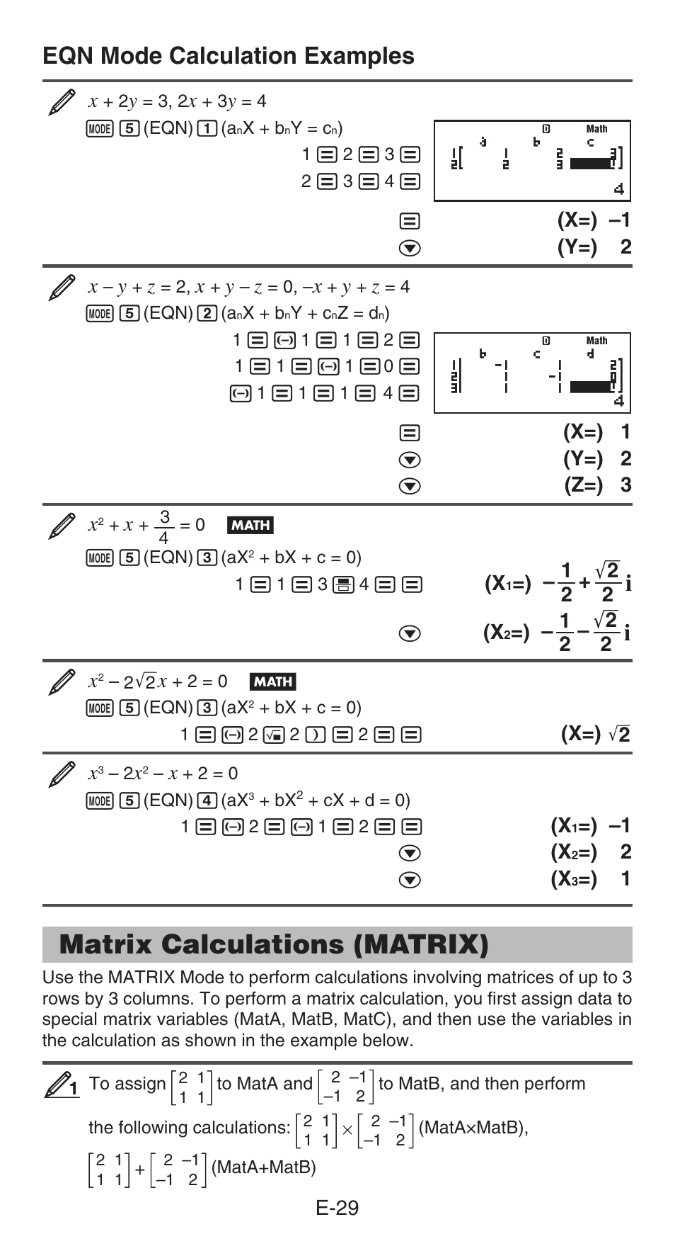 Matrix calculations (matrix), Eqn mode calculation examples | Casio fx-991ES PLUS User Manual | Page 30 / 46