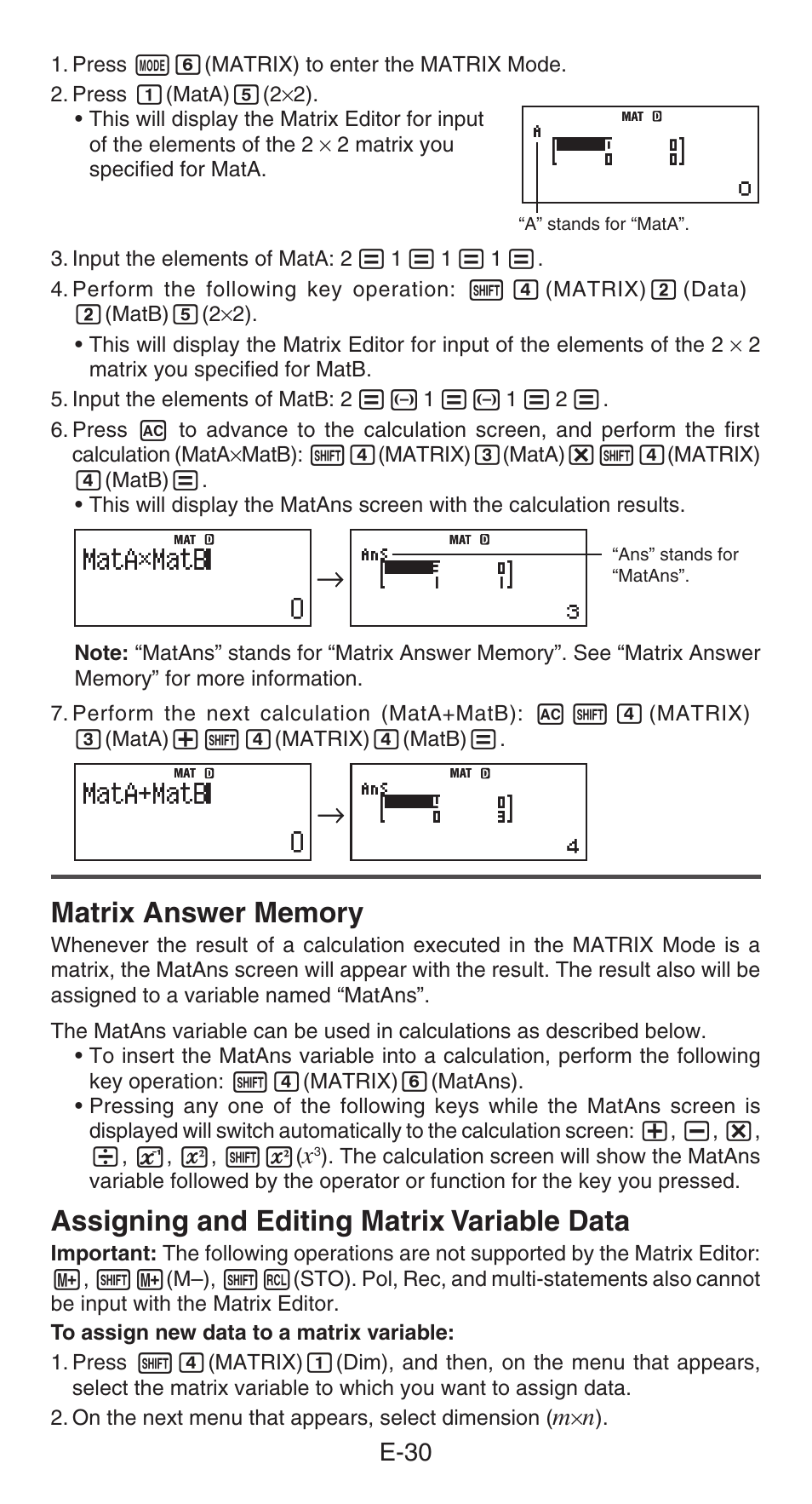 Assigning and editing matrix variable data, E-30 | Casio fx-991ES PLUS User Manual | Page 31 / 46