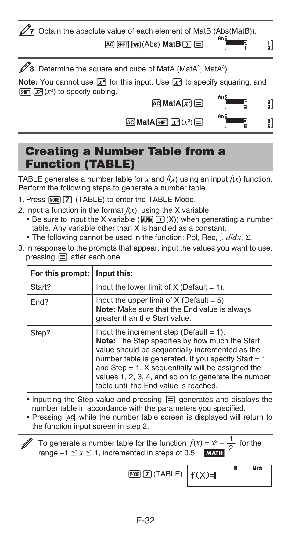 Creating a number table from a function (table) | Casio fx-991ES PLUS User Manual | Page 33 / 46