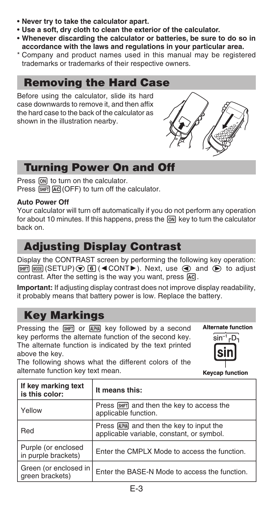 Removing the hard case, Turning power on and off, Adjusting display contrast | Key markings | Casio fx-991ES PLUS User Manual | Page 4 / 46