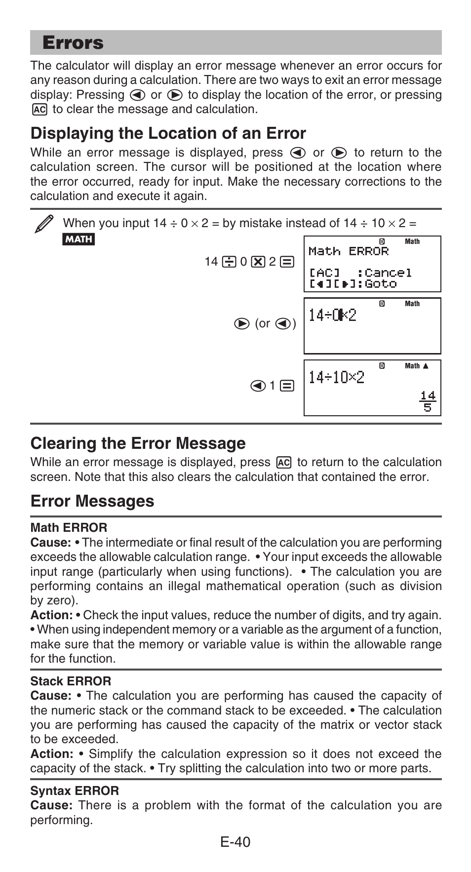 Errors, Displaying the location of an error, Clearing the error message | Error messages | Casio fx-991ES PLUS User Manual | Page 41 / 46