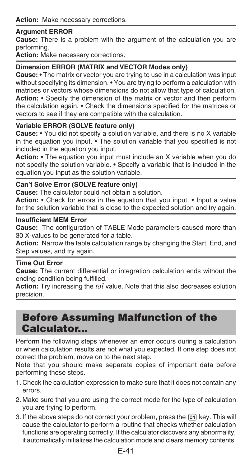 Before assuming malfunction of the calculator | Casio fx-991ES PLUS User Manual | Page 42 / 46