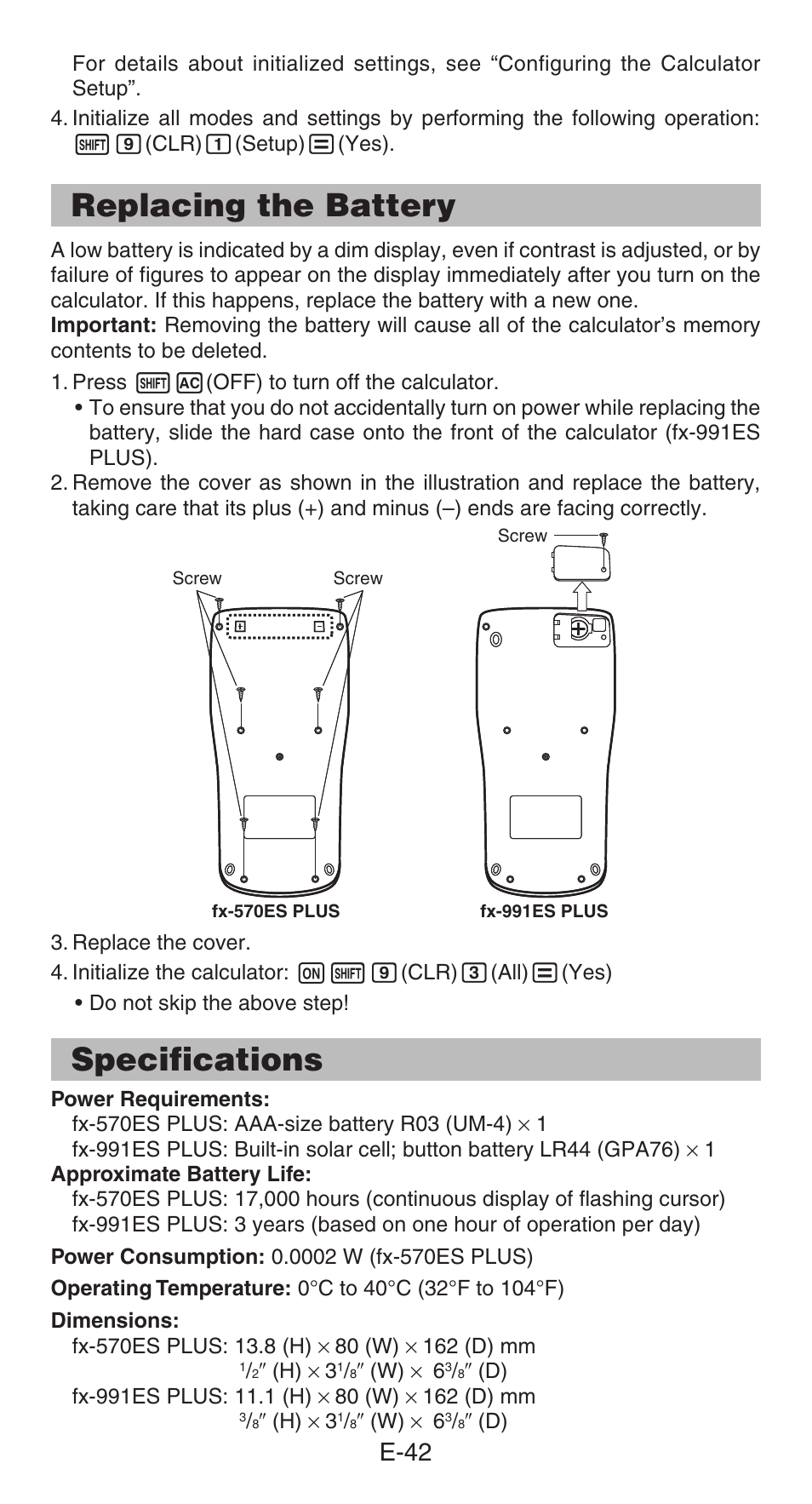Replacing the battery, Specifications, E-42 | Casio fx-991ES PLUS User Manual | Page 43 / 46